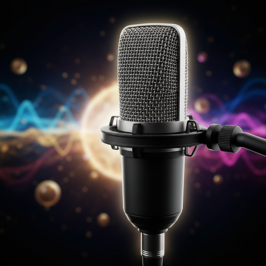 A close-up photographic view of a professional dynamic microphone with a finely textured metal grille and a matte black body, suspended in a shock mount in front of a soft-focus background of colorful, abstract sound waves and glowing orbs representing different content channels. Gentle key lighting from the right highlights every ridge and curve of the grille, while a subtle rim light from behind outlines the microphone against the dark backdrop. Shallow depth of field isolates the microphone sharply, with creamy bokeh in the background. The mood is bold and intimate, suggesting powerful voice, spiritual messages, and transformative conversations emerging from a sophisticated media hub.