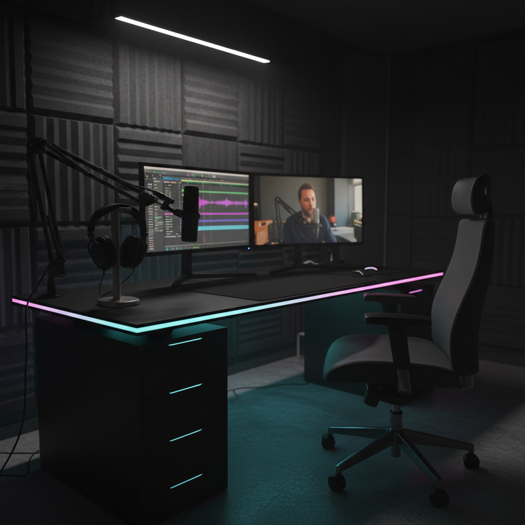 A high-end podcast and video recording setup in a dark, polished studio, featuring a brushed-metal broadcast microphone on an articulated arm, large over-ear headphones hanging nearby, and a dual-monitor setup displaying audio editing waveforms and a live video feed. The workstation sits on a matte black desk with subtle LED light strips glowing cyan and magenta along the edges. Soft, directional studio lighting creates dramatic highlights on the metal surfaces and a moody gradient on the acoustic panels behind. Shot in photographic realism from a three-quarters angle using the rule of thirds, with crisp focus and slight depth falloff, the scene feels bold, focused, and ready for deep conversations, spiritual insights, and high-tech content creation.