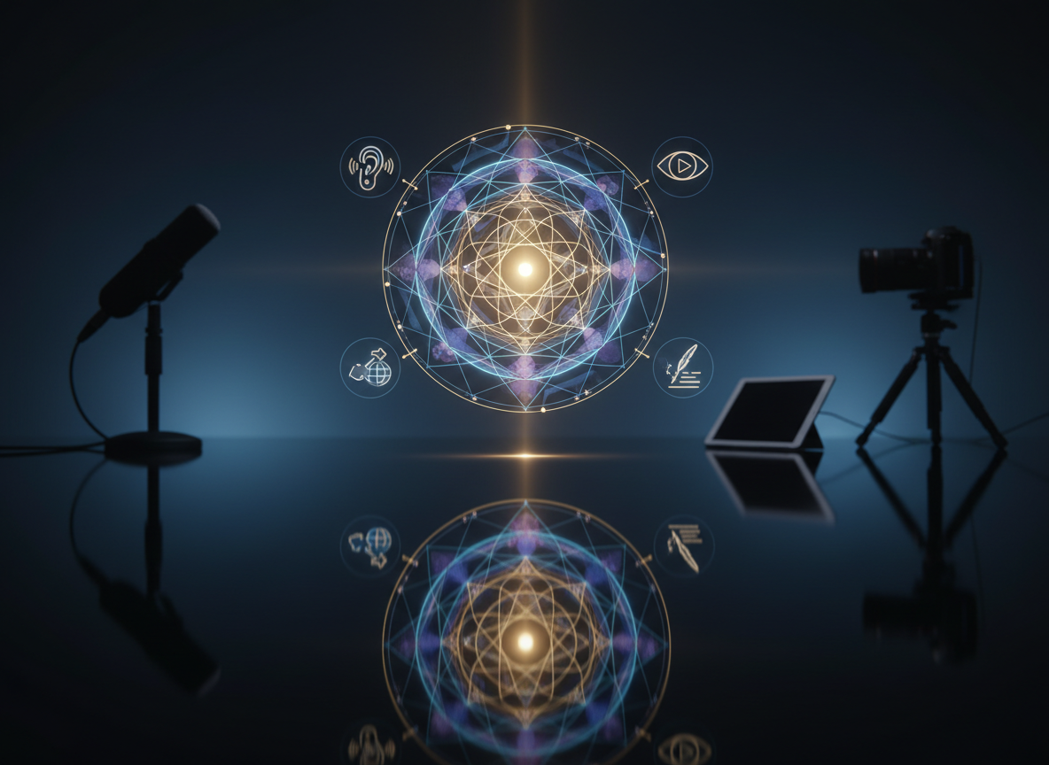 An abstract, symbolic “awakening” interface hovering in a dark, minimalist room: a circular, luminous mandala-like design made of holographic geometric shapes, surrounded by translucent icons representing audio, video, social sharing, and written guidance. The floor is a glossy black reflective surface, mirroring the glowing structure. Subtle golden light radiates from the mandala’s center, blending with cool blue ambient lighting that outlines nearby studio tools like a microphone, camera, and tablet without making them the main focus. Photographic realism with a slightly low angle and centered composition, sharp focus on the radiant core. The mood is bold yet serene, evoking spiritual awakening through technology and conscious media.