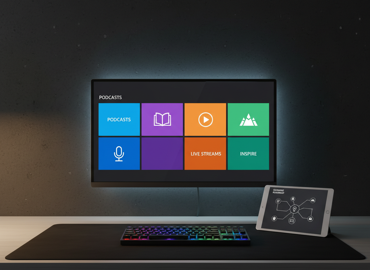 A clean, modern digital workspace set against a dark charcoal wall, centered on a slim, frameless 4K monitor showing a vibrant grid of media tiles for podcasts, tutorials, live streams, and inspirational content. Below, a low-profile mechanical keyboard with subtle RGB glow sits on a soft-touch black desk mat, next to a tablet displaying a minimalist guidance “roadmap” made of icons and lines. Soft, diffused key lighting from the left creates gentle reflections on the monitor and desk, while a thin backlight behind the screen adds a halo effect. Photographic realism with an eye-level, slightly wide composition and sharp detail throughout. The atmosphere is organized, bold, and empowering, suggesting a hub where high-tech skills, learning, and entertainment converge.