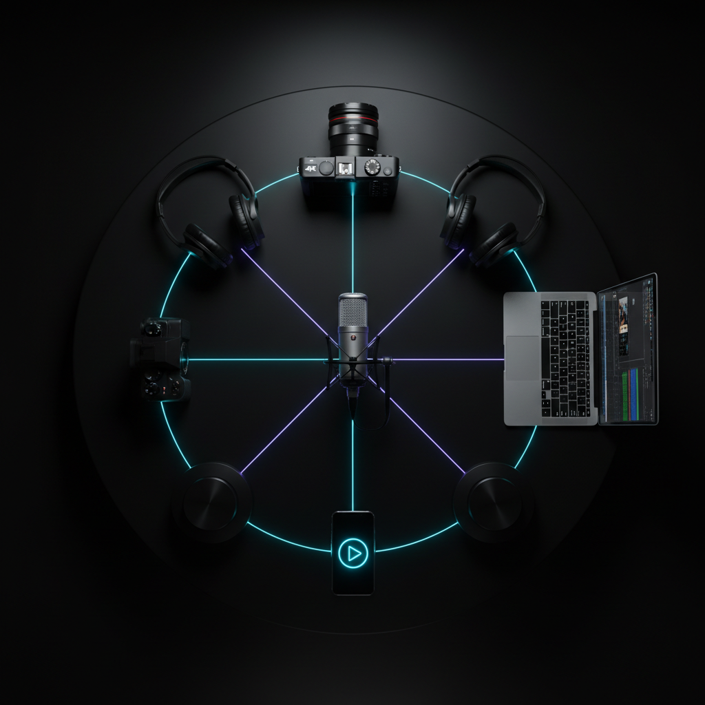 A dramatic top-down view of a circular media “altar” on a matte obsidian table: a studio microphone at the center surrounded by a ring of sleek devices—noise-cancelling headphones, a compact 4K camera, a slim laptop showing an editing timeline, and a smartphone with a glowing play button icon. Thin, luminous lines connect each device in a radial pattern, as if forming a digital constellation. Focused overhead lighting creates intense highlights and crisp, graphic shadows that emphasize the circular symmetry, while the background fades into darkness. Photographic realism with strong contrast and meticulously sharp details. The mood is bold, mystical, and tech-forward, symbolizing a unified platform for communication, awareness, and creative expression.