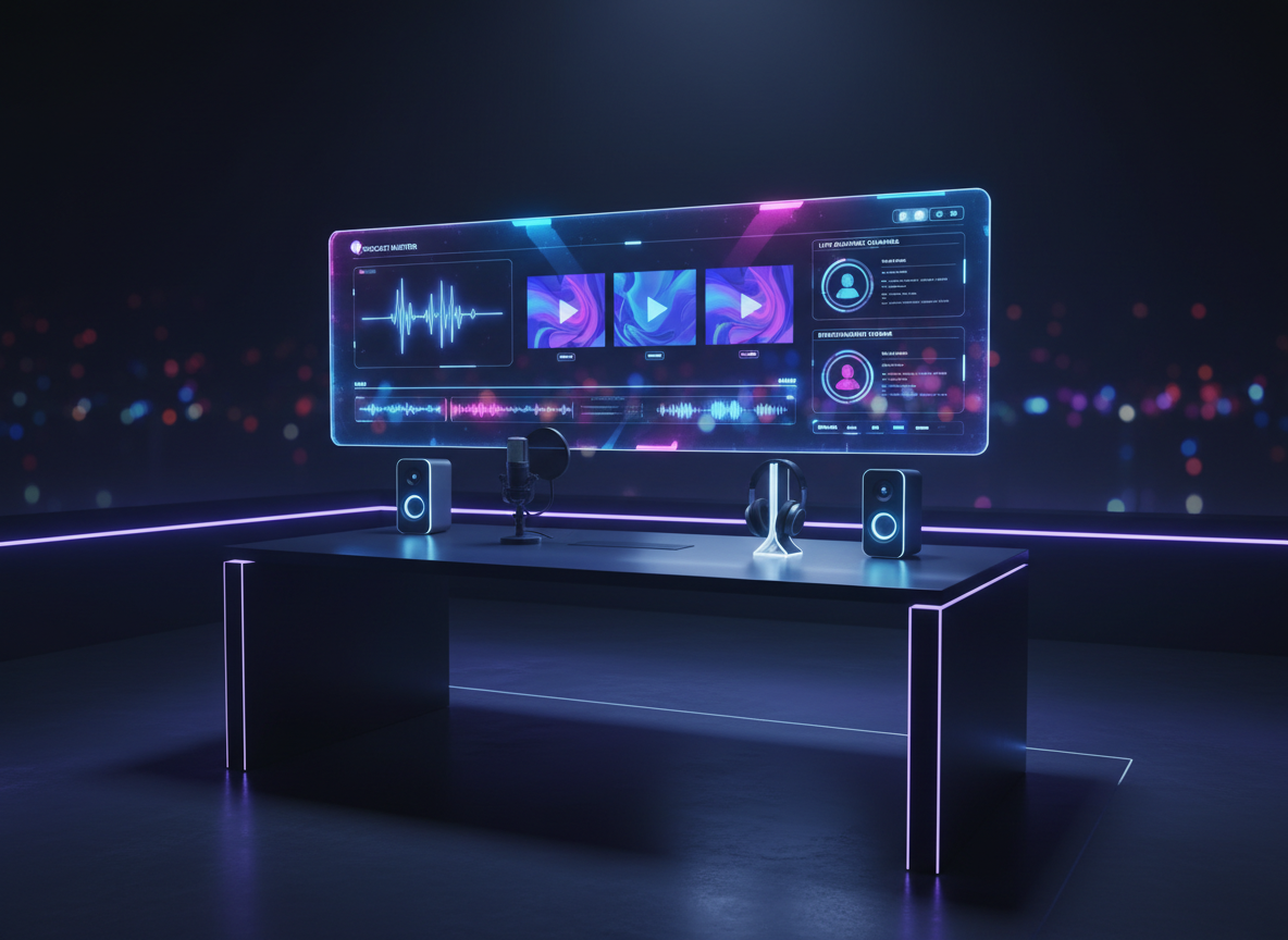 A sleek, futuristic digital media dashboard displayed on a floating, ultra-wide holographic screen, its glassy surface glowing with vivid waveforms, podcast timelines, and abstract video thumbnails. The interface hovers above a dark graphite desk with subtle metallic textures, surrounded by minimalist speakers, a studio microphone, and headphones resting on a stand. Cool blue and electric purple accent lights cut through a dim, high-tech studio, casting sharp reflections and long, cinematic shadows. Photographic realism with an eye-level, wide-angle composition, sharp focus on the central screen and gentle bokeh on the edges. The atmosphere feels bold, cutting-edge, and professional, suggesting a powerful all-in-one media hub for creation, guidance, and entertainment.