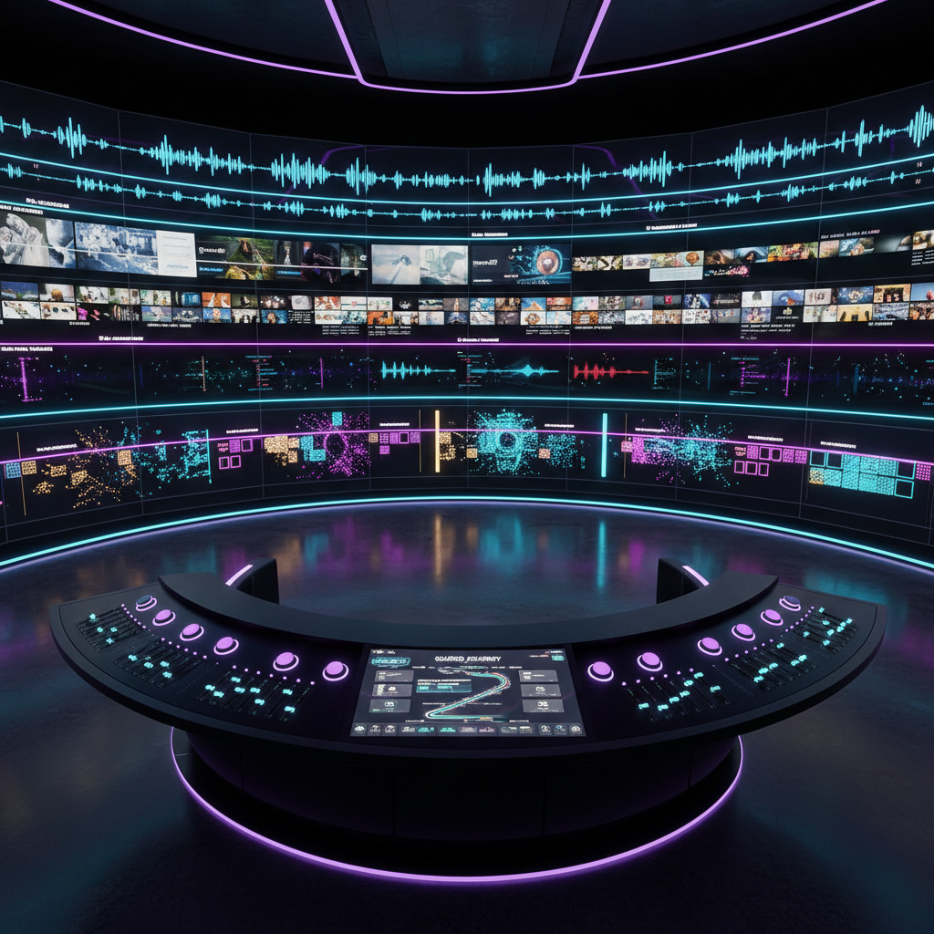 A futuristic content control room with multiple wall-mounted displays showing synchronized timelines of audio waveforms, video thumbnails, and abstract metrics for engagement and awareness. In the foreground, a curved, matte-black control console is equipped with illuminated touch sliders, glowing buttons, and a central touchscreen showing a guided “journey” path. Cool cyan and deep violet accent lighting illuminate the otherwise dark space, creating crisp reflections on the polished floor. Photographic realism captured from a slightly elevated, wide-angle perspective, with strong depth and clean lines leading the eye through the room. The atmosphere is bold, powerful, and organized, evoking a high-tech command center for managing a holistic media platform that blends guidance, entertainment, and spiritual exploration.