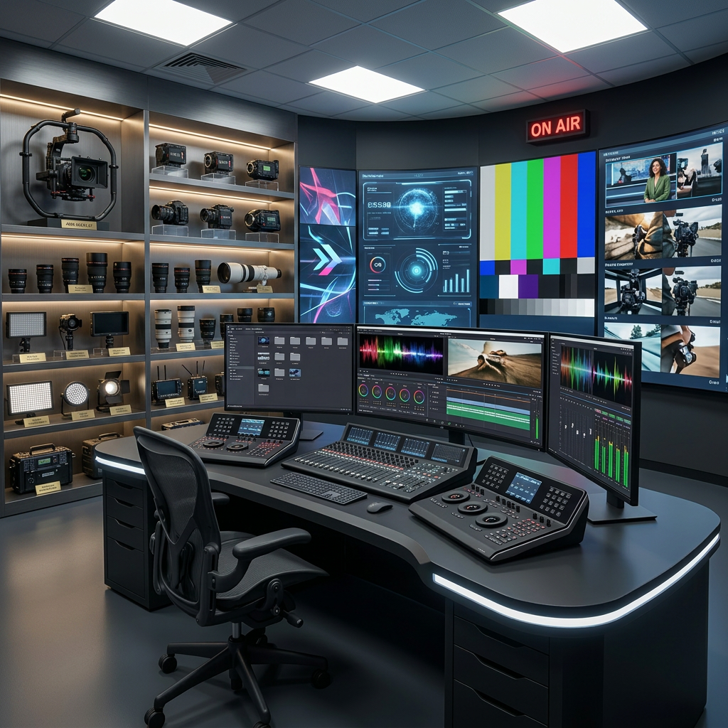 Control room with video editing consoles, multiple monitors, and professional camera equipment