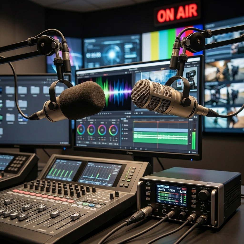 Control room with video editing consoles, multiple monitors, and professional camera equipment